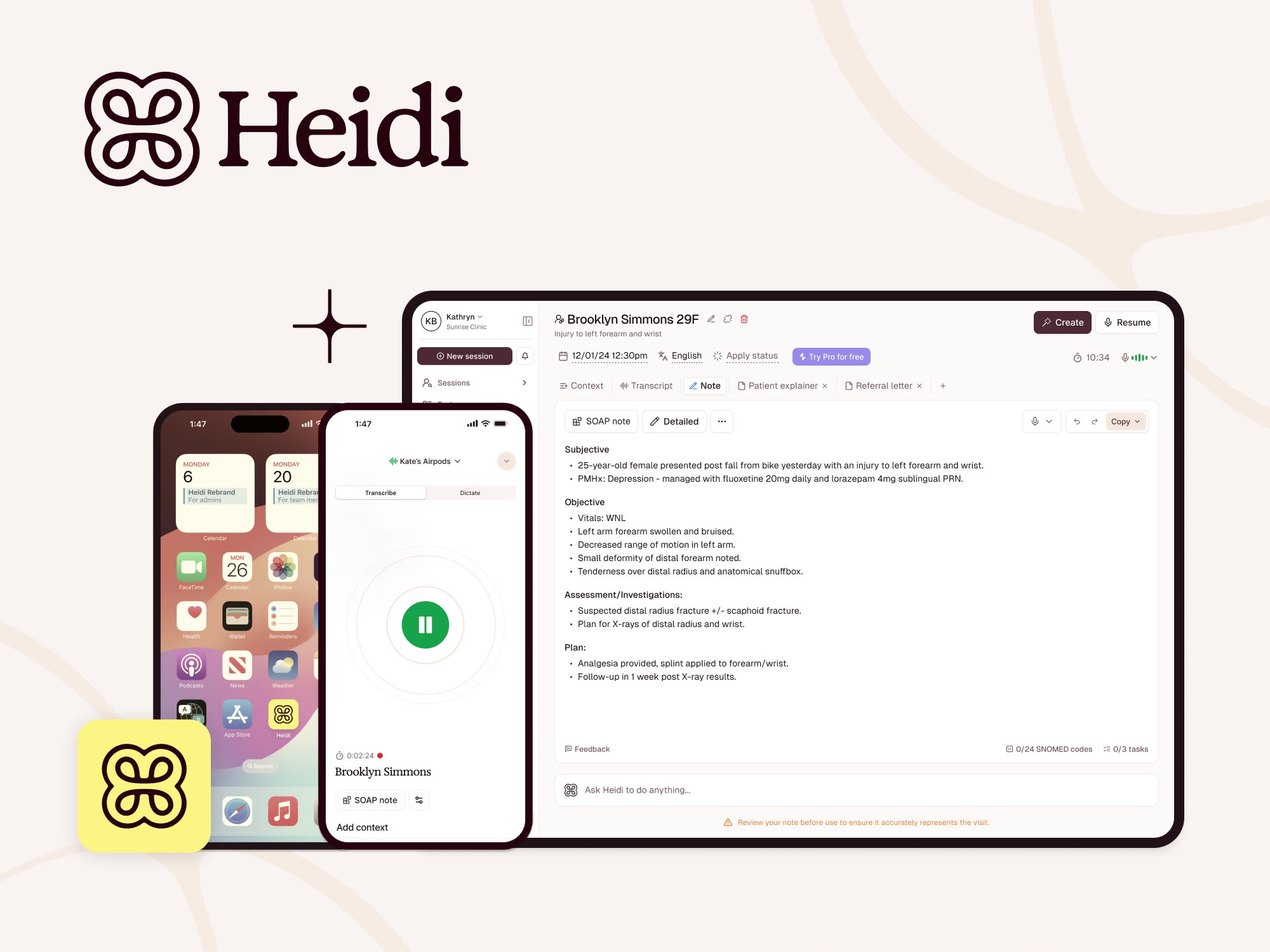 Heidi Scribe clinical documentation interface on desktop and mobile